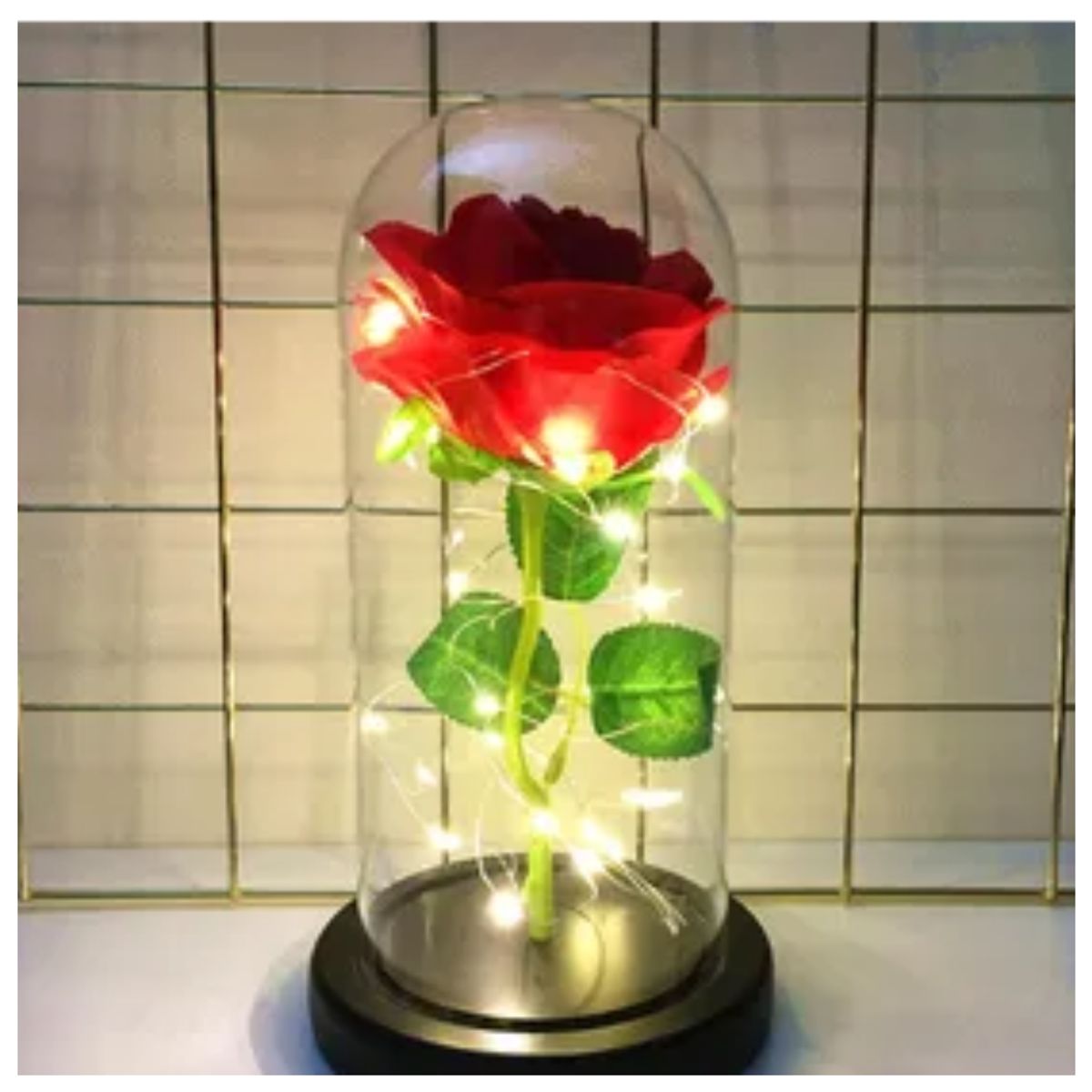 GENERICO - Rosa Larga Luces LED + Cúpula de Cristal