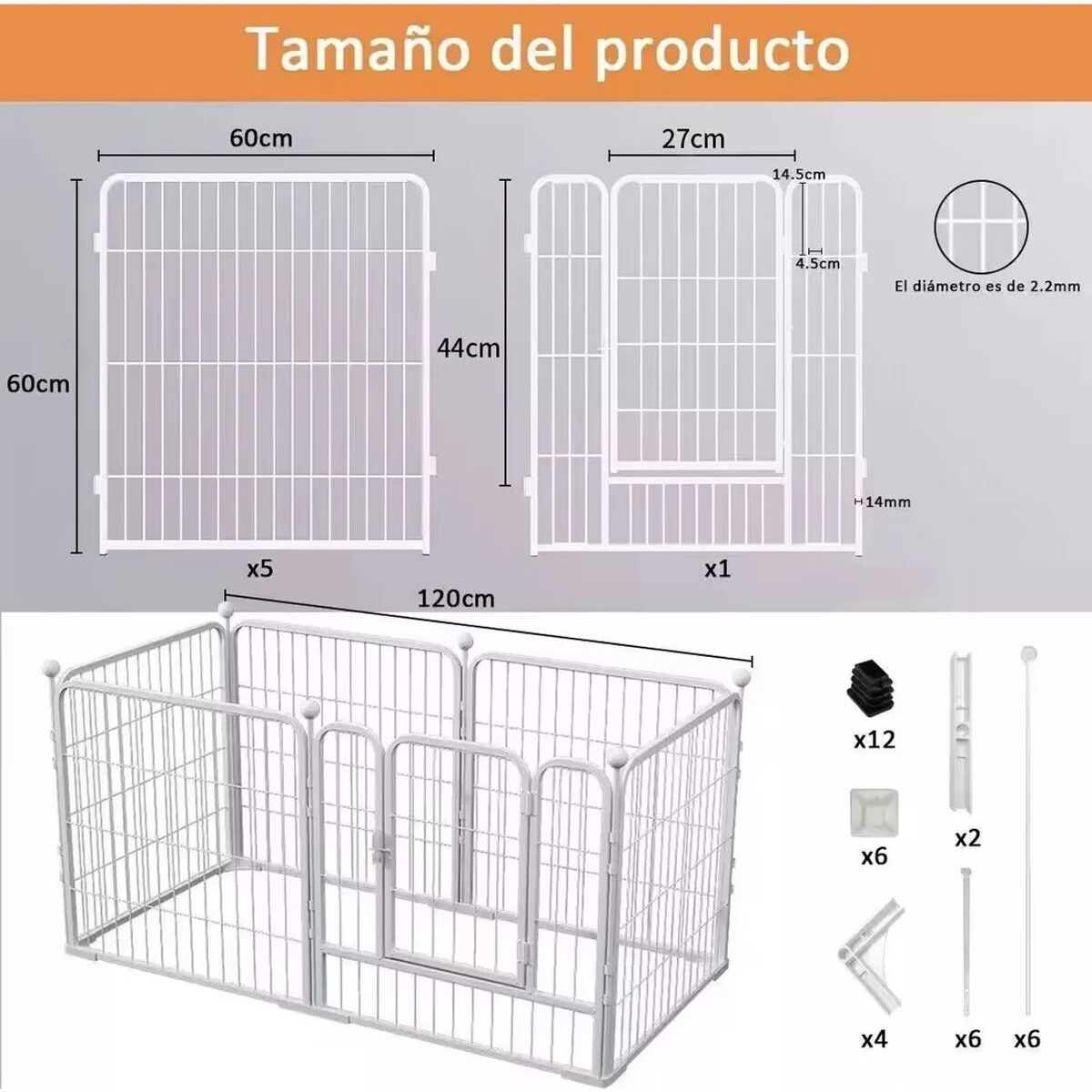 KUANGYE - Corral Para Mascotas Jaula Perros Gato Valla Metal 120×60cm