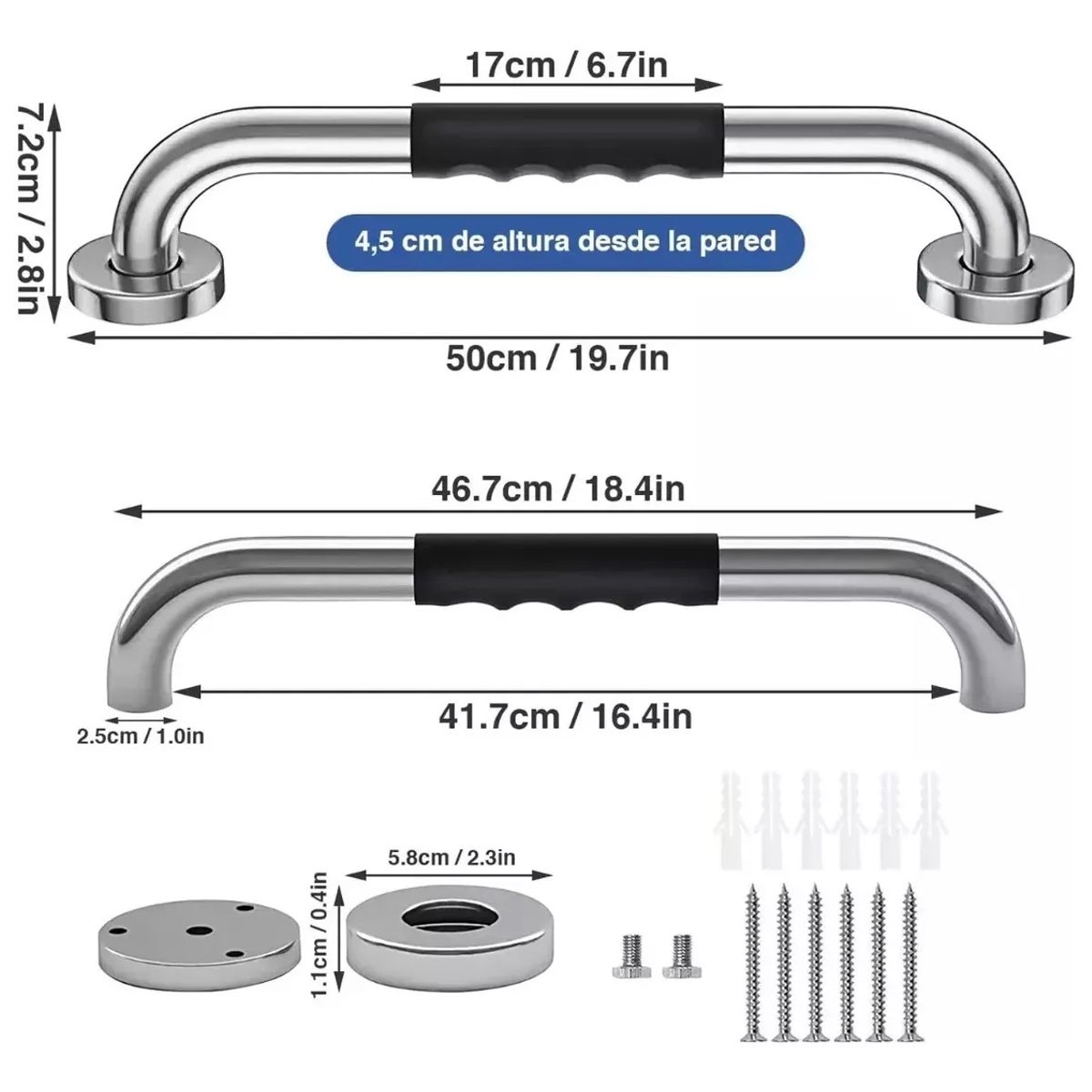 KUANGYE - 2 Barras Agarradera De Seguridad Baño Apoyo Acero Inox 50cm