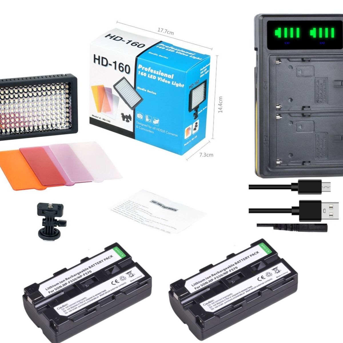 GENERICO - FOCO LED 160 + 3 FILTROS COLORES + CARGADOR DOBLE + 2 BATERÍAS