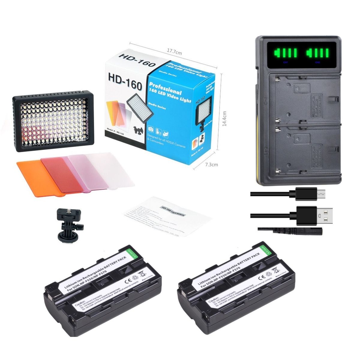 GENERICO - FOCO LED 160 + 3 FILTROS COLORES + CARGADOR DOBLE + 2 BATERÍAS