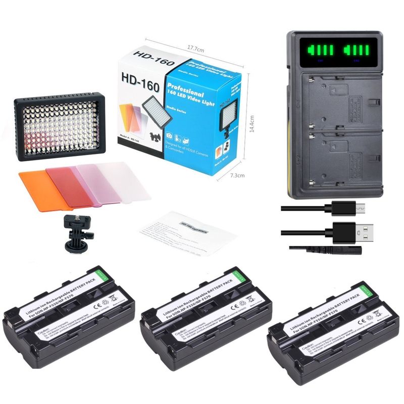 GENERICO - FOCO LED 160 + 3 FILTROS COLORES + CARGADOR DOBLE + 3 BATERÍAS