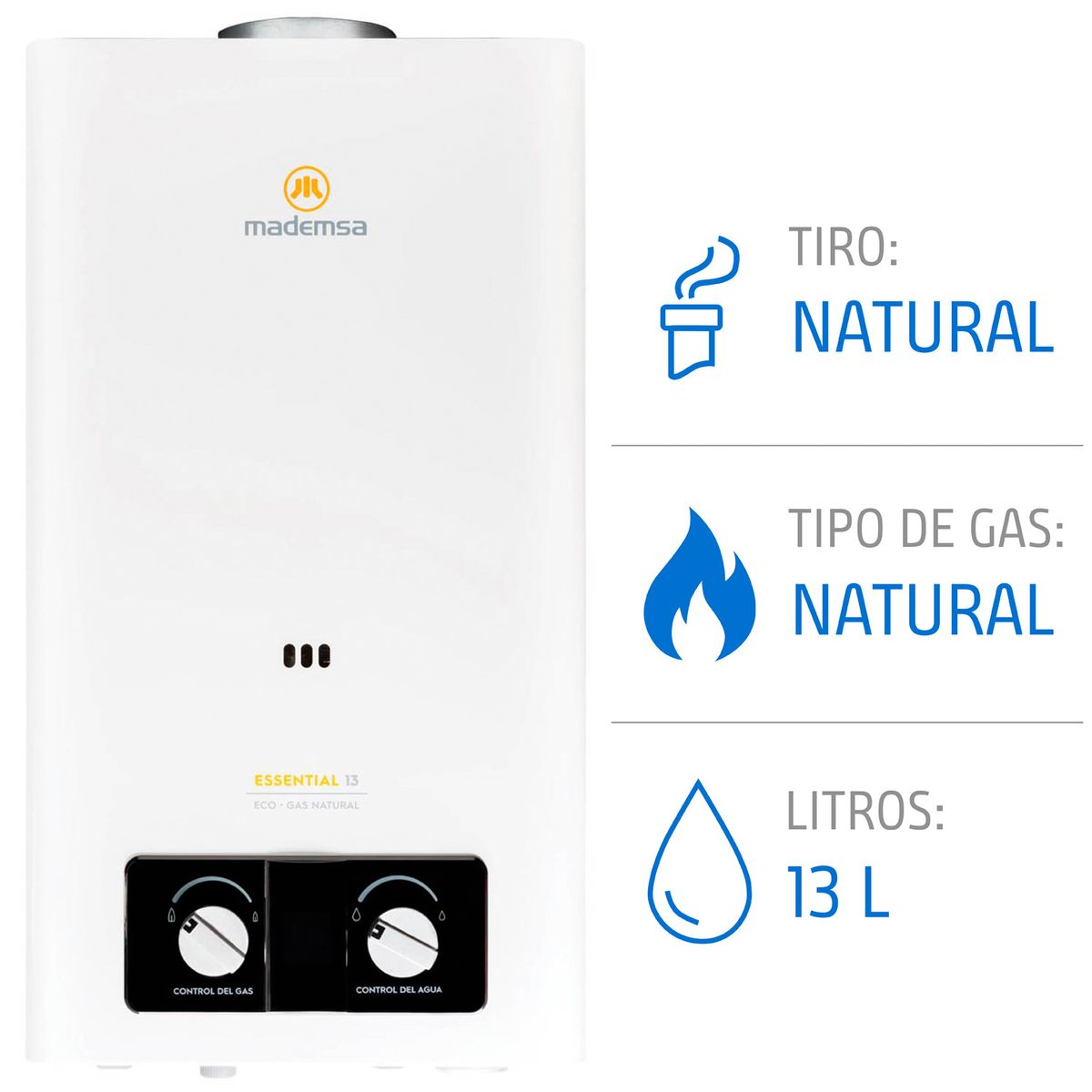 MADEMSA - Calefont Gas Natural Mademsa 13 Litros Tiro Natural Ionizado Essential 13 Eco GN Blanco