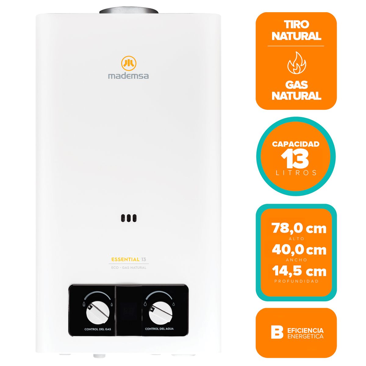MADEMSA - Calefont Gas Natural Mademsa 13 Litros Tiro Natural Ionizado Essential 13 Eco GN Blanco