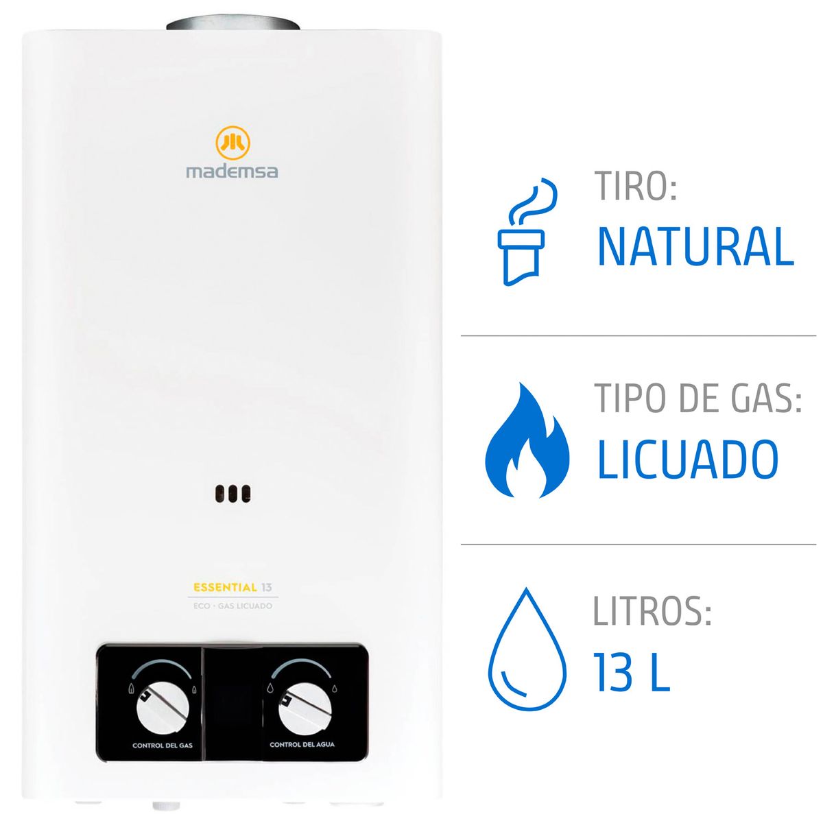 MADEMSA - Calefont Gas Licuado Mademsa 13 Litros Tiro Natural Ionizado Essential 13 Eco GL Blanco