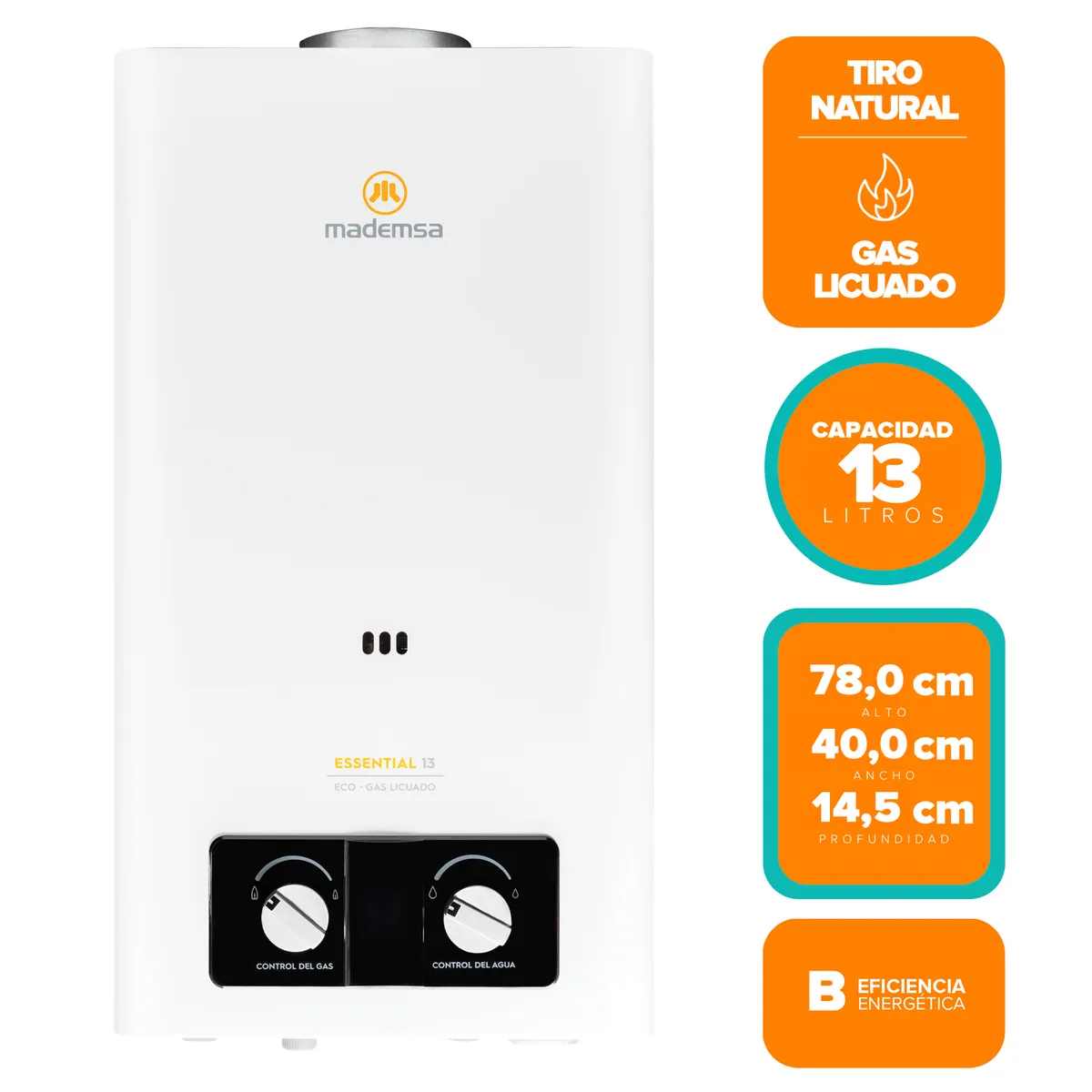 MADEMSA - Calefont Gas Licuado Mademsa 13 Litros Tiro Natural Ionizado Essential 13 Eco GL Blanco
