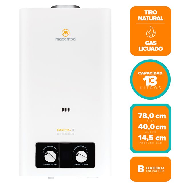 MADEMSA - Calefont Gas Licuado Mademsa 13 Litros Tiro Natural Ionizado Essential 13 Eco GL Blanco