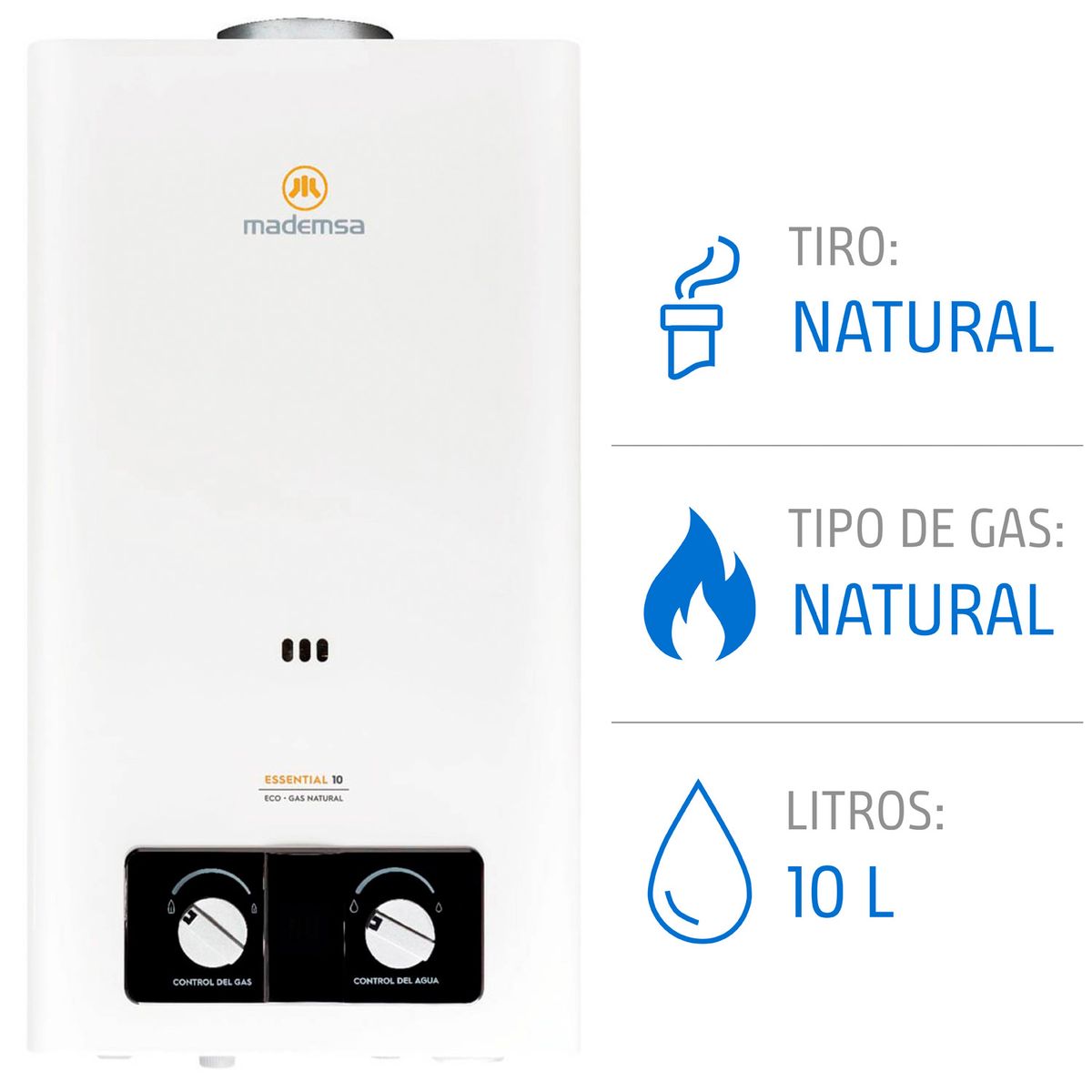 MADEMSA - Calefont Gas Natural Mademsa 10 Litros Tiro Natural Ionizado Essential 10 Eco GN Blanco