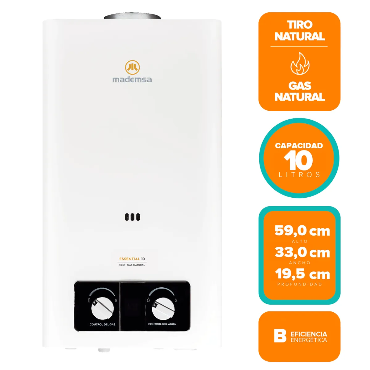 MADEMSA - Calefont Gas Natural Mademsa 10 Litros Tiro Natural Ionizado Essential 10 Eco GN Blanco