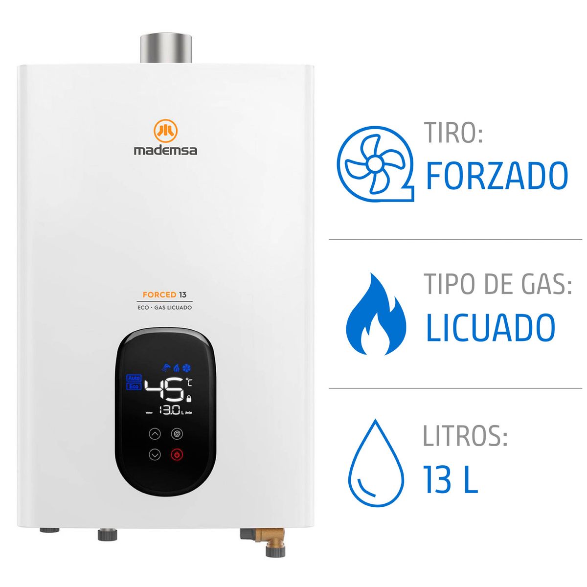 MADEMSA - Calefont Gas Licuado Mademsa 13 Litros Tiro Forzado Modulante Forced 13 Eco GL Blanco