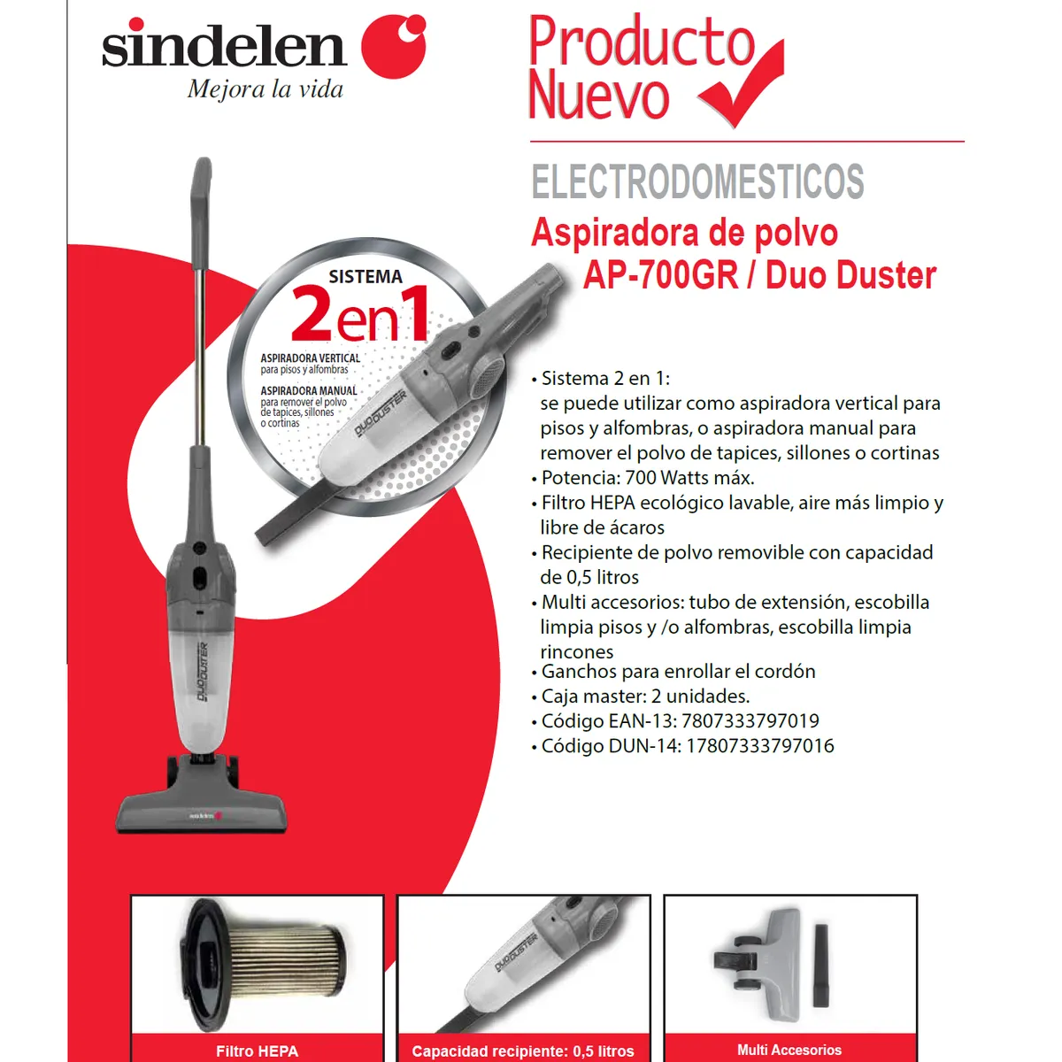 SINDELEN - Aspiradora Vertical y de Mano 2 En 1 Sindelen Ap-700GR 0,5Lt Ciclonica