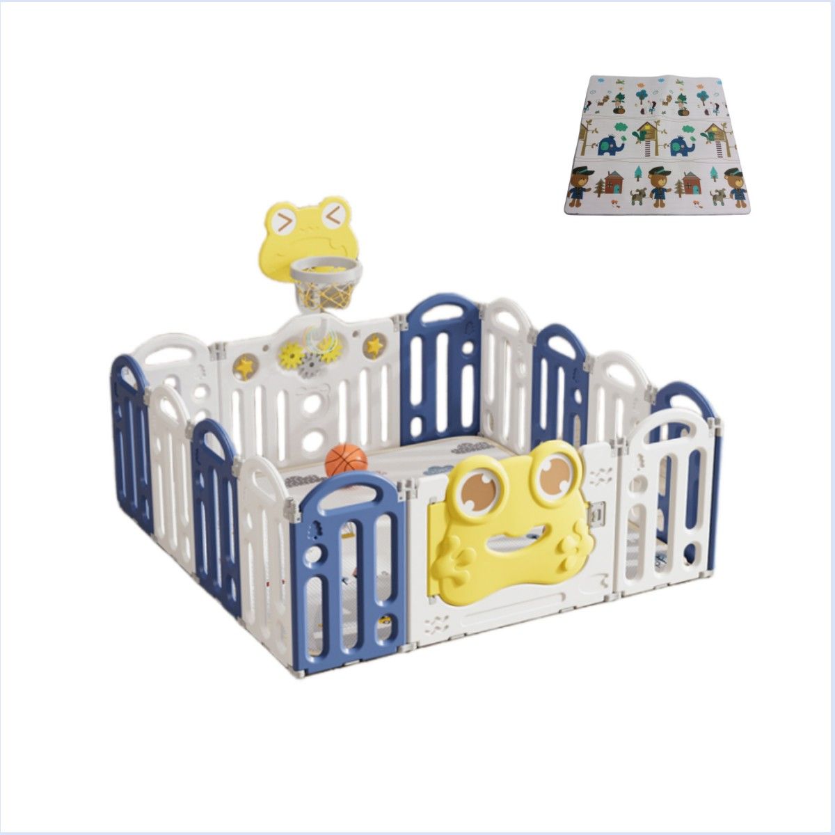 BABYLUNA - Corral 14 Piezas Bebé Plegable Alfombra y Juegos Rana Azul