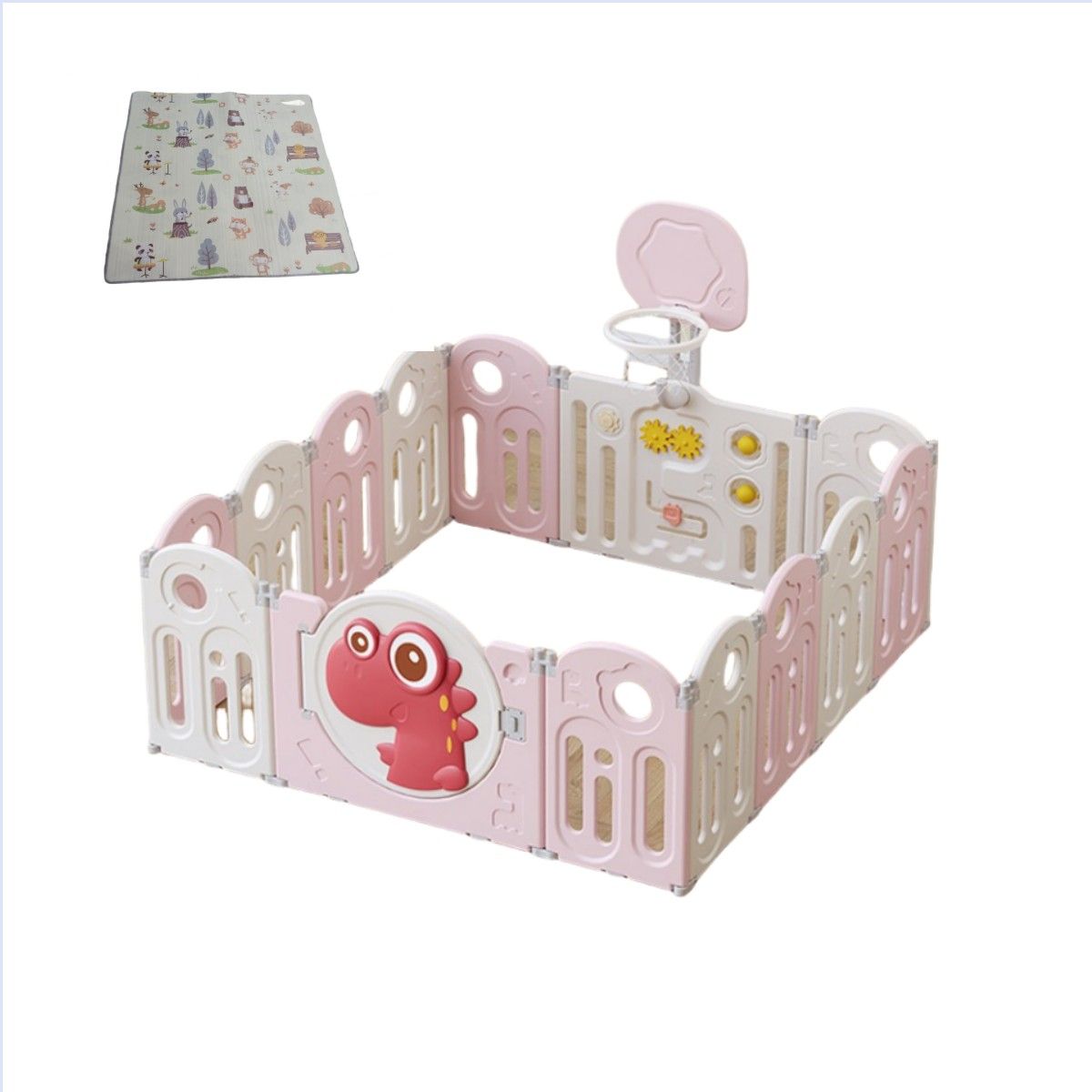 BABYLUNA - Corral 14 Piezas Bebé Plegable Alfombra y Juegos Dino Rosado