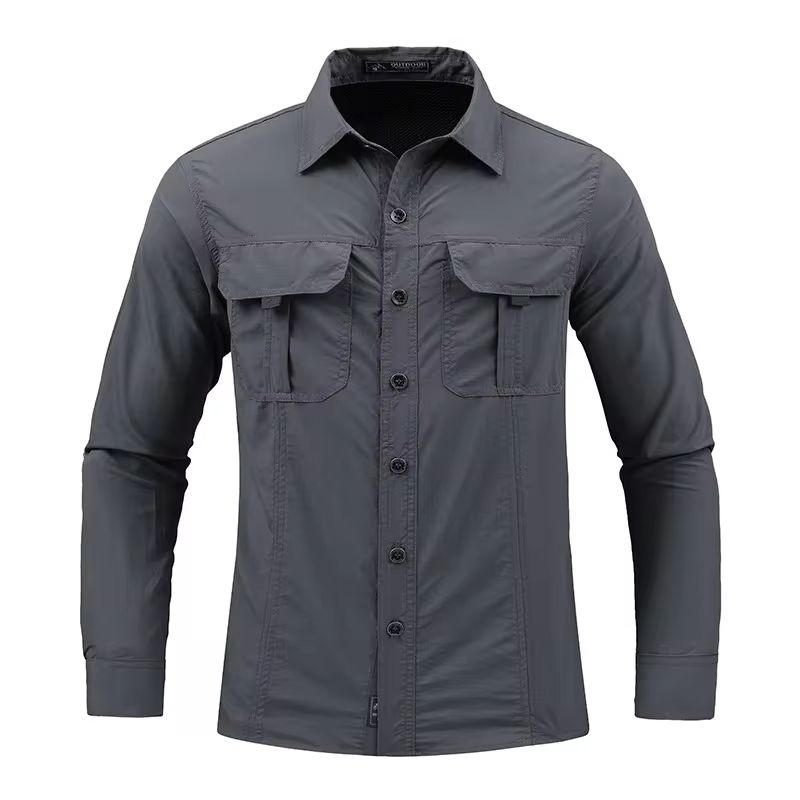 LEDUNTINO - Hombre casual moda multibolsillos manga larga camisa Gris