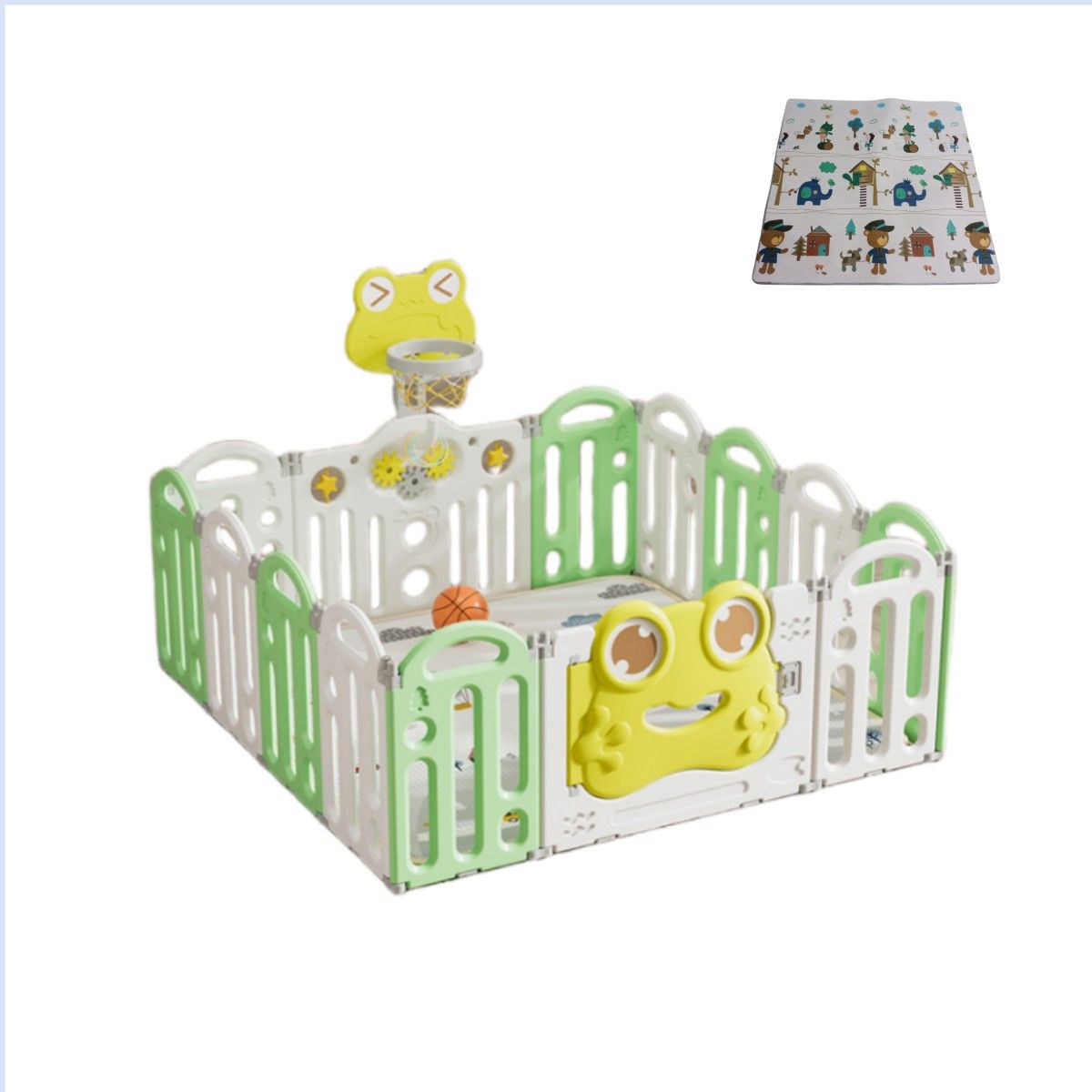 BABYLUNA - Corral 14 Piezas Bebé Plegable Alfombra y Juegos Rana Verde