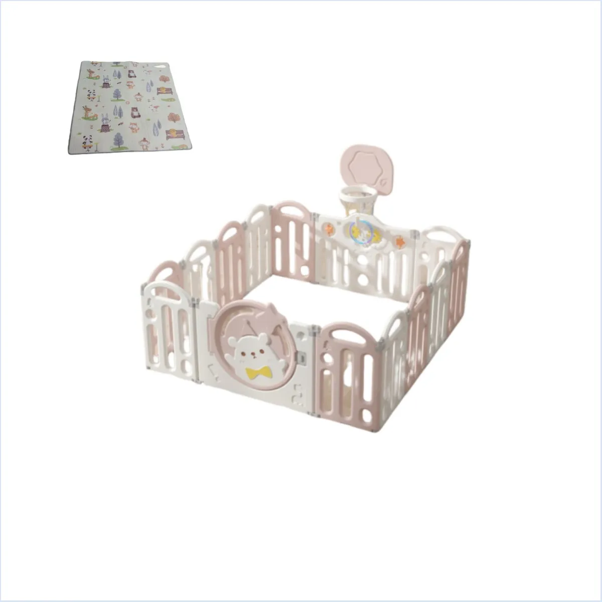 BABYLUNA - Corral 14 Piezas Bebé Plegable Alfombra y Juegos Oso Rosado