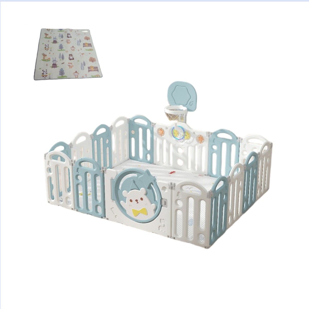 BABYLUNA - Corral 14 Piezas Bebé Plegable Alfombra y Juegos Oso Celeste