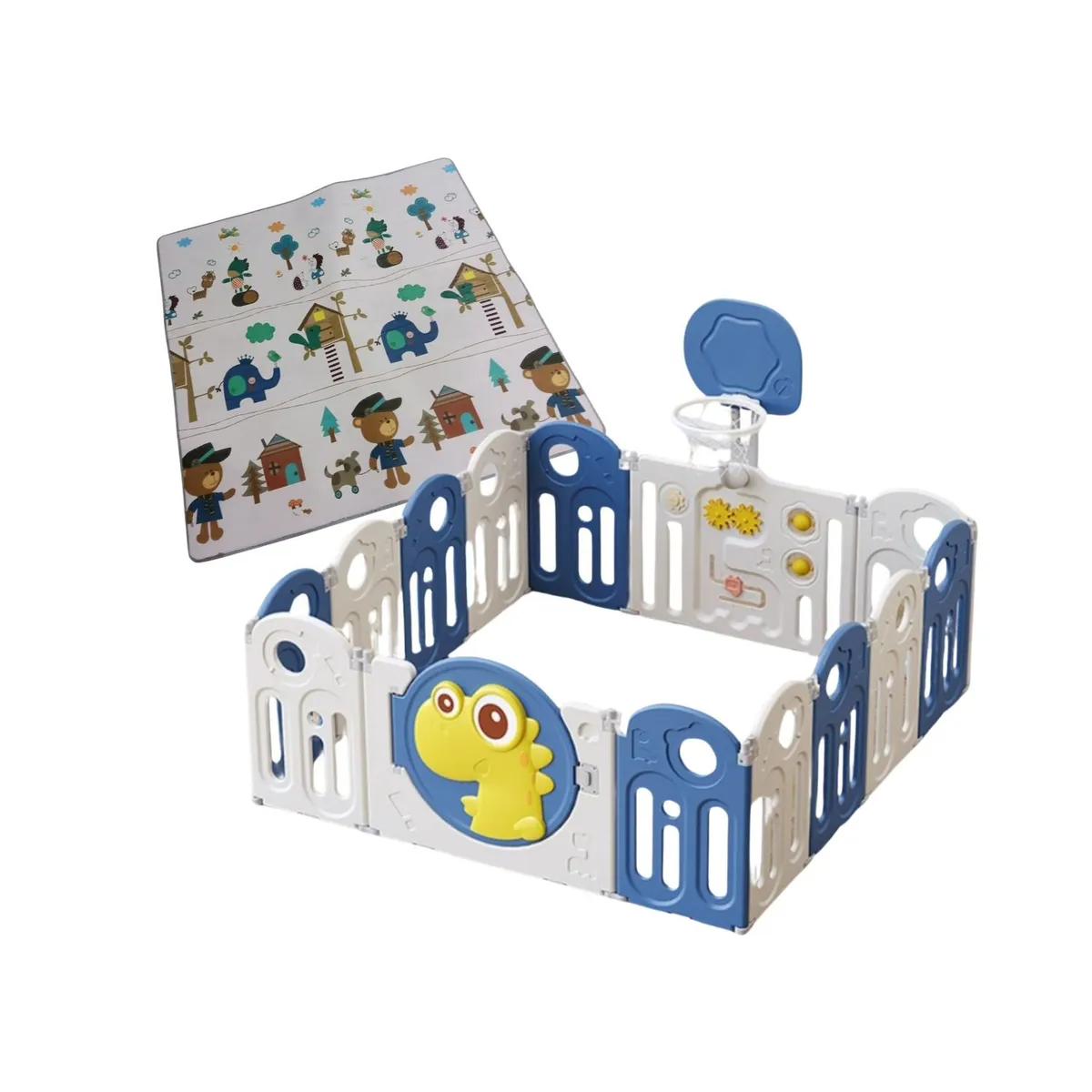 BABYLUNA - Corral 14 Piezas Bebé Plegable Alfombra y Juegos Dino Azul