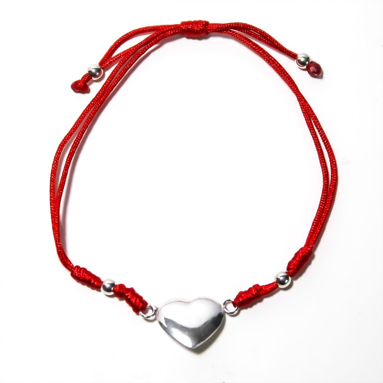 Pulsera Corazon Concavo Bolitas Plata Fina 925 Cordon Rojo Plateado TALLA UNICA