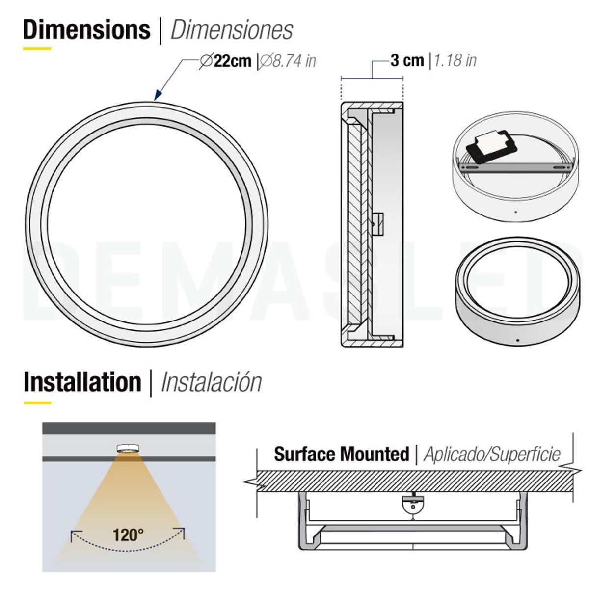 GENERICO - Panel LED Sobrepuesto Redondo 18W 3000K 220mm Negro