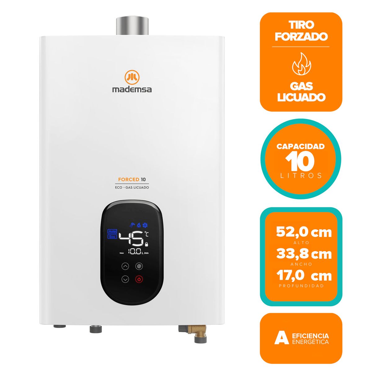 MADEMSA - Calefont Gas Licuado Mademsa 10 Litros Tiro Forzado Modulante Forced 10 Eco GL Blanco