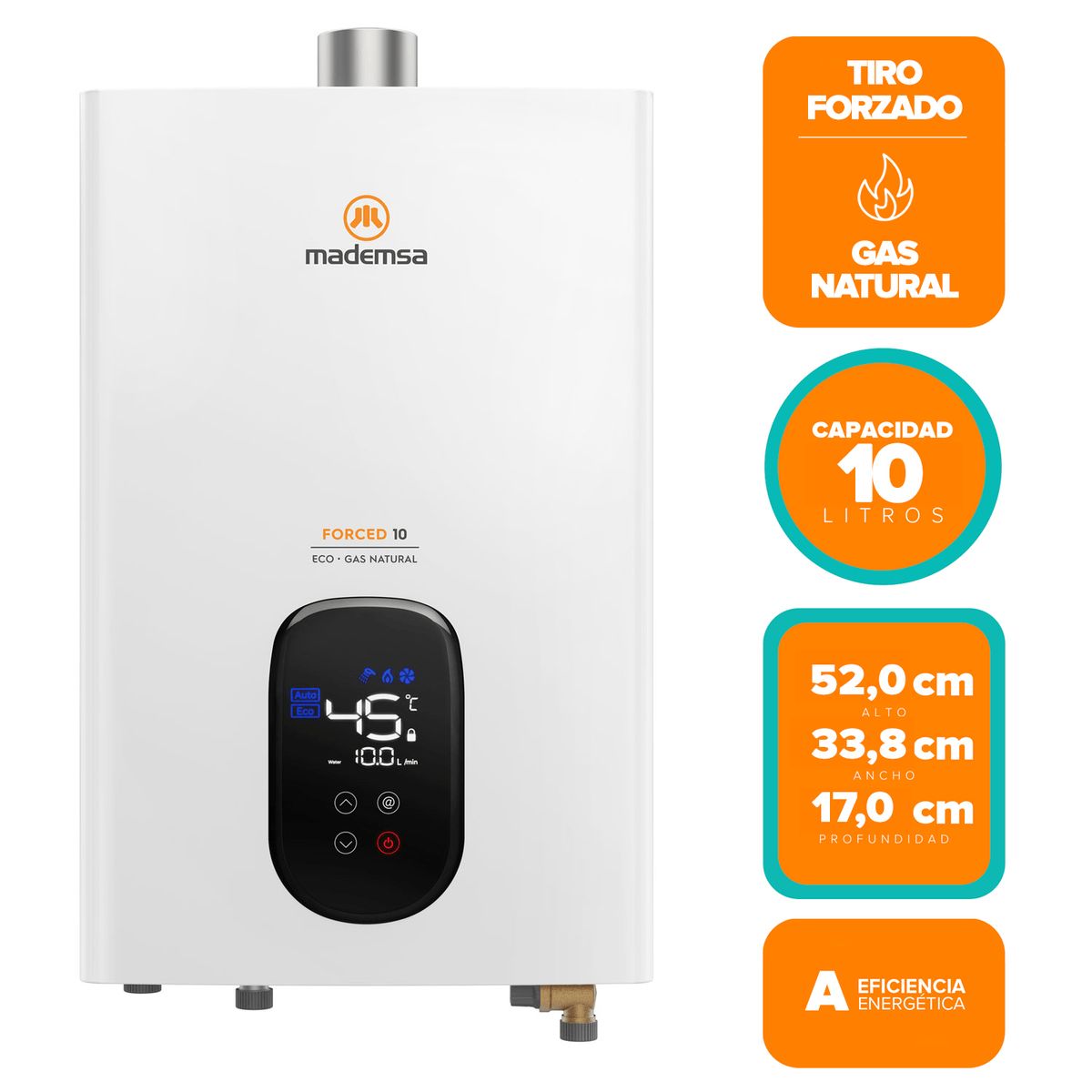 MADEMSA - Calefont Gas Natural Mademsa 10 Litros Tiro Forzado Modulante Forced 10 Eco GN Blanco
