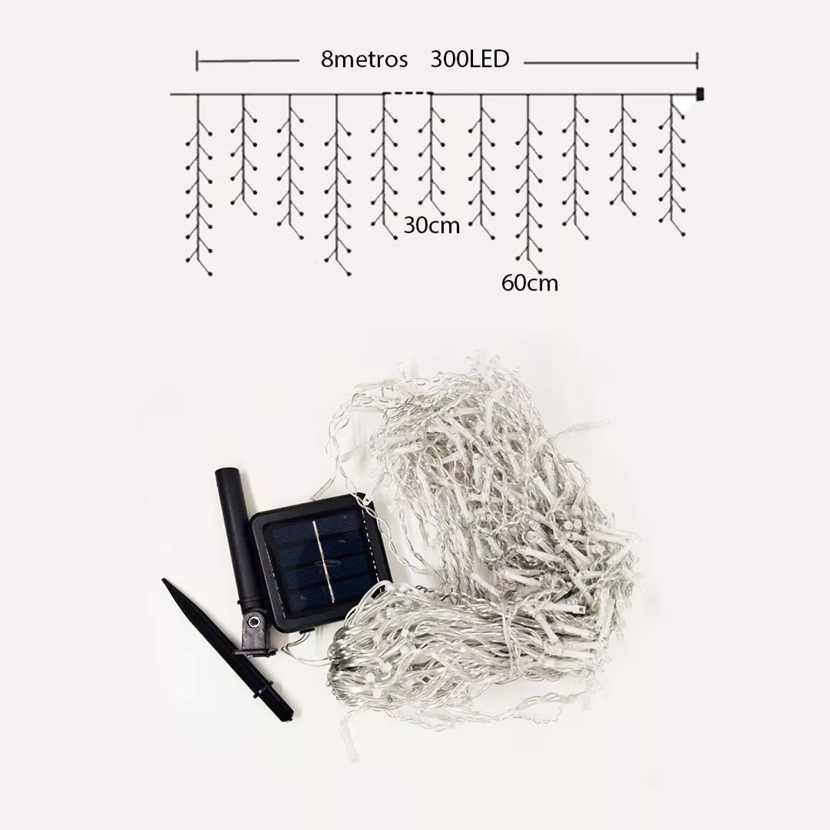 GENERICO - Luces Cascada Solar 8 metros 300 Luces Navidad-bodas COLOR