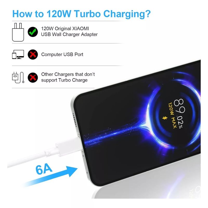 GENERICO - Cable Carga Rapida Usb 6a Turbo Para Xiaomi Mi 11t Mi 10t