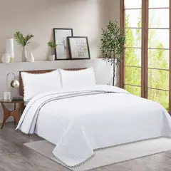 GENERICO - Cubrecama Quilt De Verano (Queen) Pompones - Blanco - 2 plazas