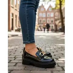 BOVINITA - Mocasines Mujer Plataforma Negro Charol Cadena Dorada