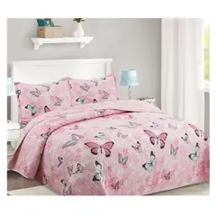 COMPRAPO - Cubrecama Quilt Liviano 2 Plazas Mariposas Pink + 2 Fundas 50x70 Cm