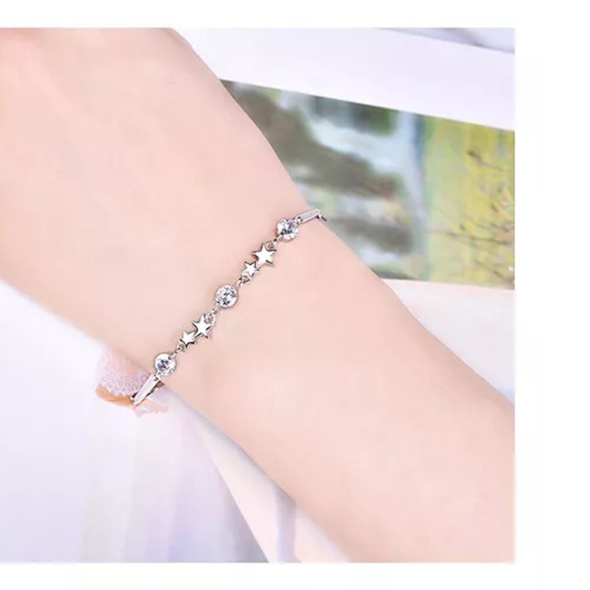 GENERICO - Pulsera Plata 925 Ajustable Estrellas Circón En Oro Blanco