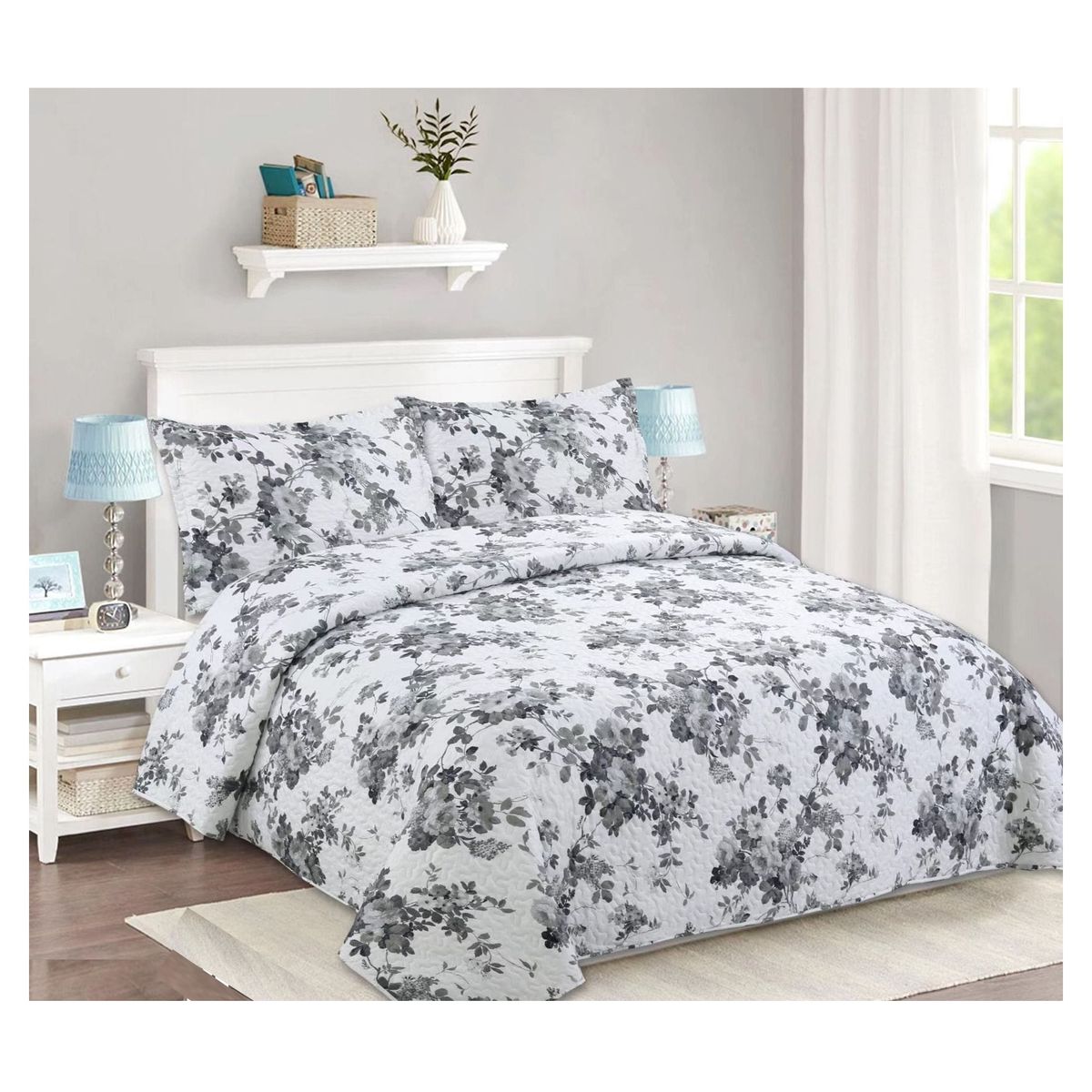 COMPRAPO - Cubrecama Quilt Liviano King Flower Gray + 2 Fundas 50x70 Cm