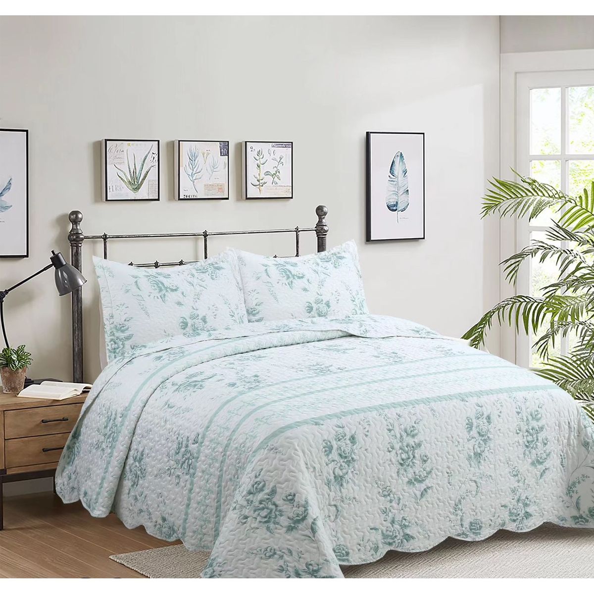 COMPRAPO - Cubrecama Quilt Liviano King Flor Menta + 2 Fundas 50x70 Cm