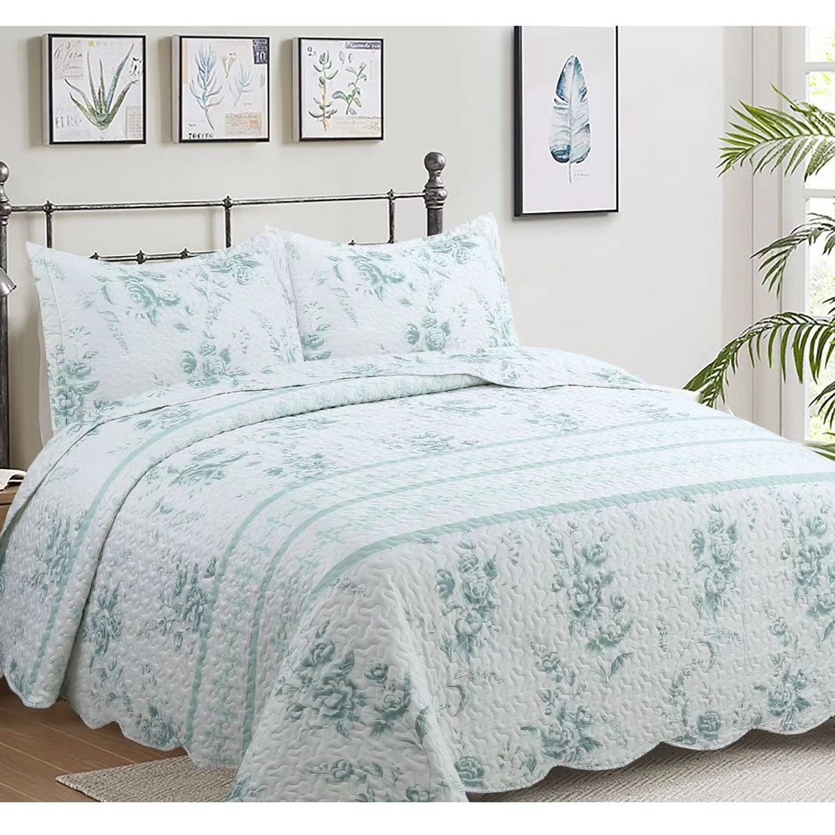 COMPRAPO - Cubrecama Quilt Liviano King Flor Menta + 2 Fundas 50x70 Cm