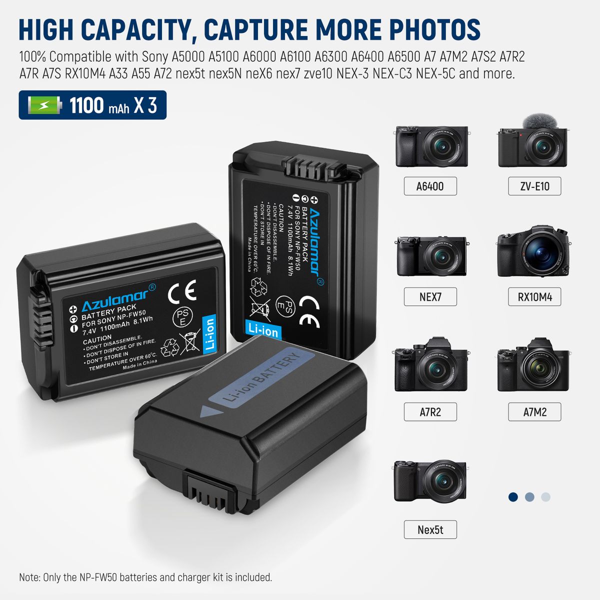 AZULAMAR - Np-fw50 3x Batería Y Cargador P Sony Zv-e10 A7 Ii A6400 NEX5 A6100