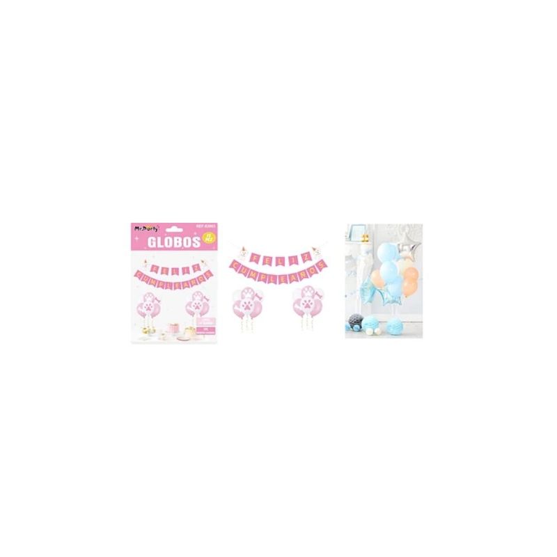 GENERICO - Set De Globos Látex y Guirnalda Con Perro Rosado 13pcs