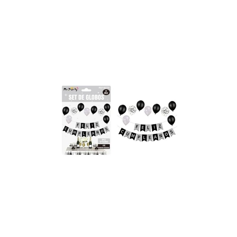 GENERICO - Set De Globos Látex y Guirnalda Negro y Plateado 11pcs