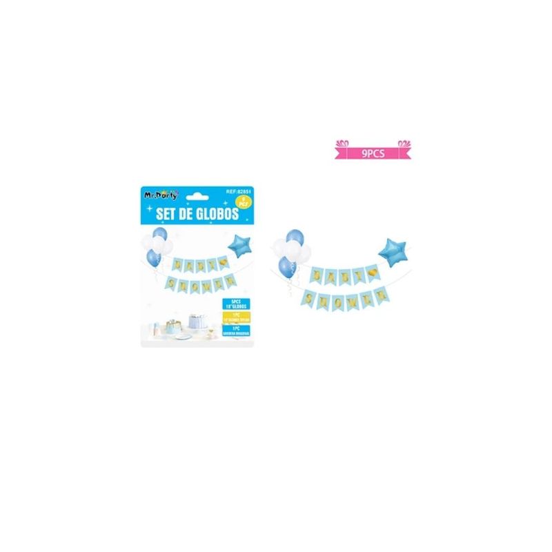 GENERICO - Set De Globos Látex y Guirnalda Baby Shower Celeste 9pcs