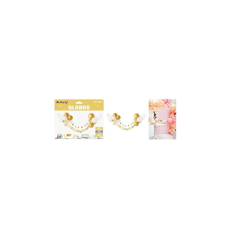 GENERICO - Set De Globos Látex y Guirnalda Dorado y Blanco 21pcs