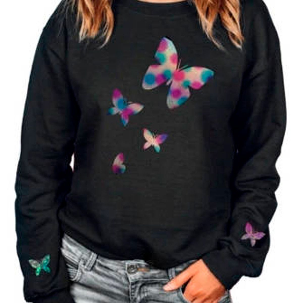 GENERICO - Poleron Sin Capucha Estampado Mariposa Holografico Mujer