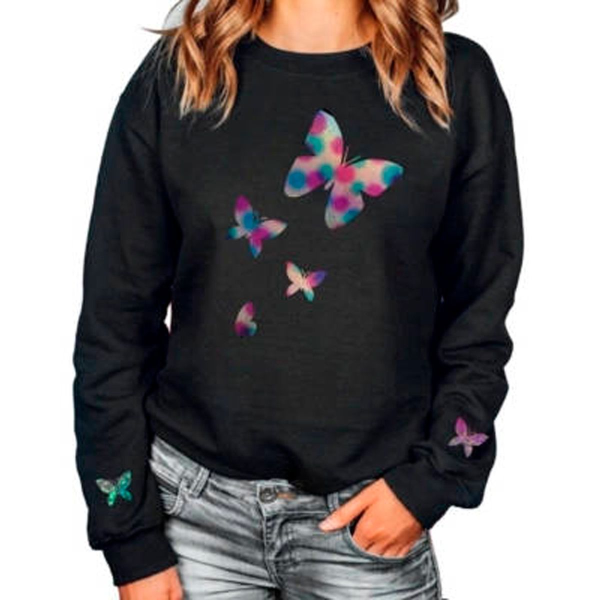 GENERICO - Poleron Sin Capucha Estampado Mariposa Holografico Mujer