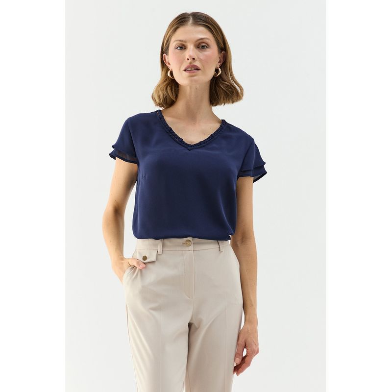 MA GRIFFE - Blusa Manga Corta Azul Marino Mujer Magriffe