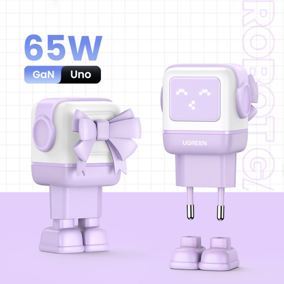 UGREEN - Robot Gan Tech Cargador 65W 1 Usb-A + 2 Usb-C Purpura Ugreen Cd361