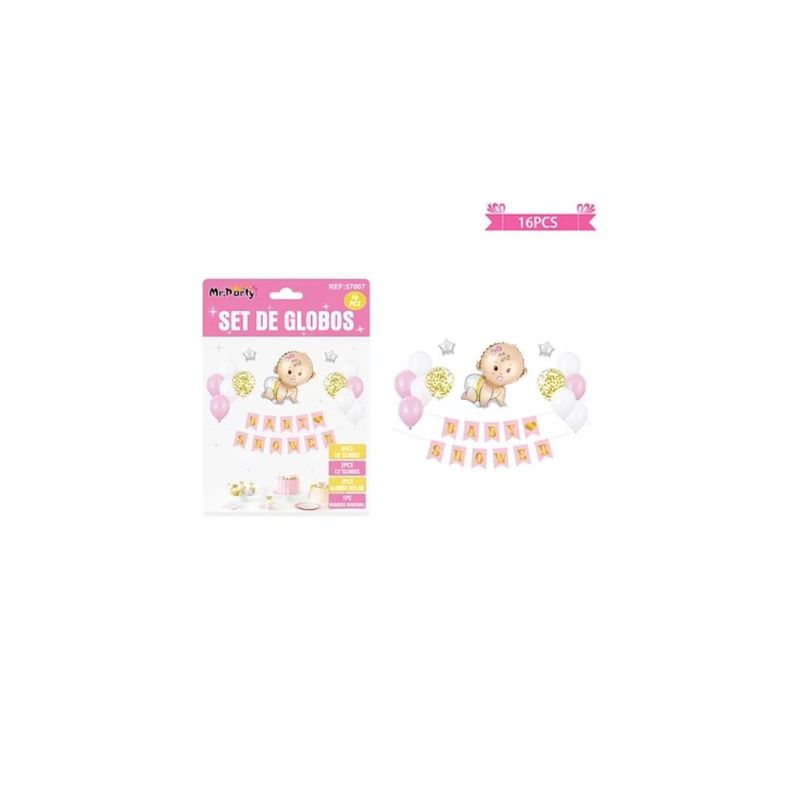 GENERICO - Set De Globos Látex y Guirnalda Baby Shower Rosado 16pcs