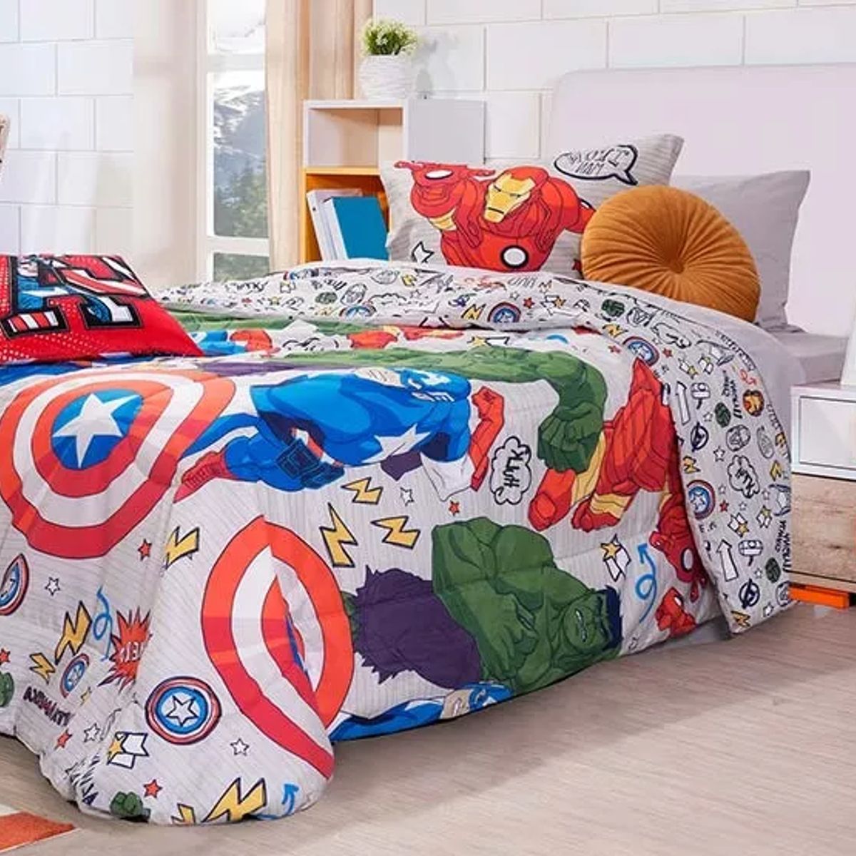 MASHINI - Cobertor Plumón Cubrecama Reversible 1.5 Plaza Diseño Avengers Iron man