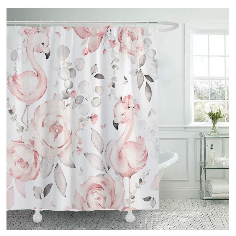 COMPRAPO - Cortina Baño Impermeable Flamingo Babies más 12 Ganchos