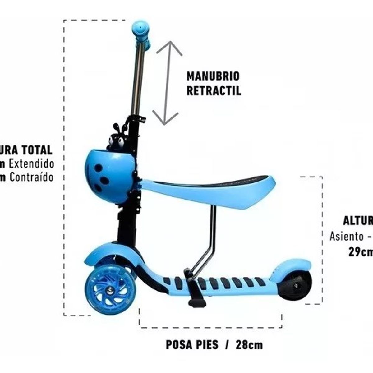 GENERICO - Scooter Monopatin 3 En 1 Triple Led Asiento azul
