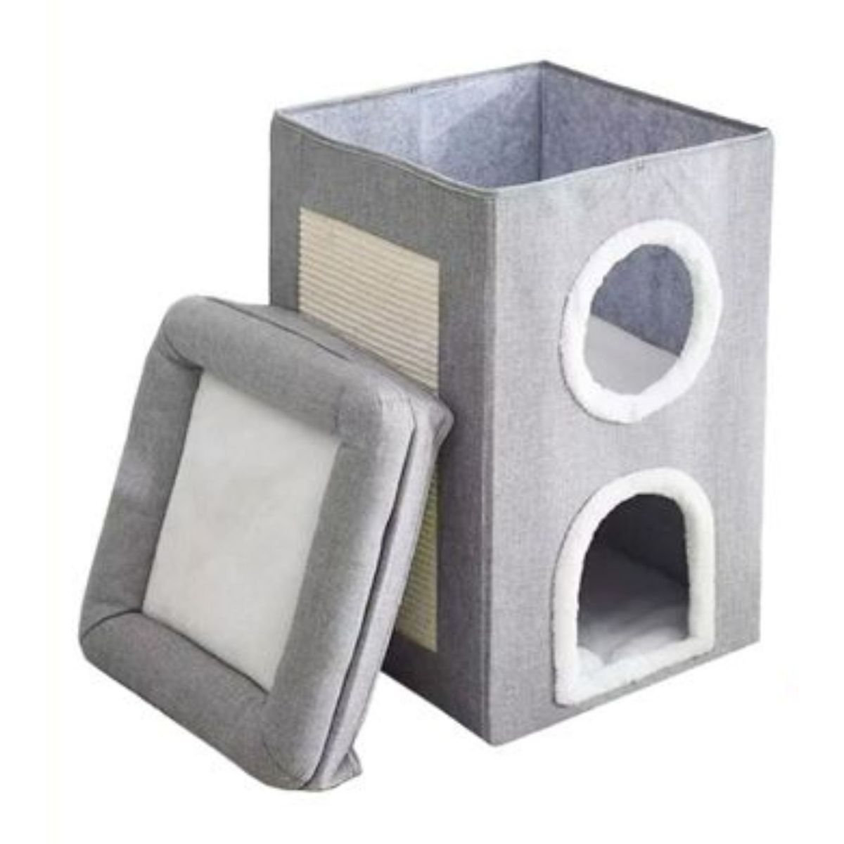 GENERICO - Cubo Cama Rascador Gris Para Gatos Con Cuevas Colchoneta