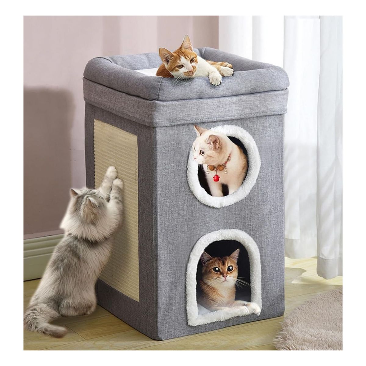 GENERICO - Cubo Cama Rascador Gris Para Gatos Con Cuevas Colchoneta